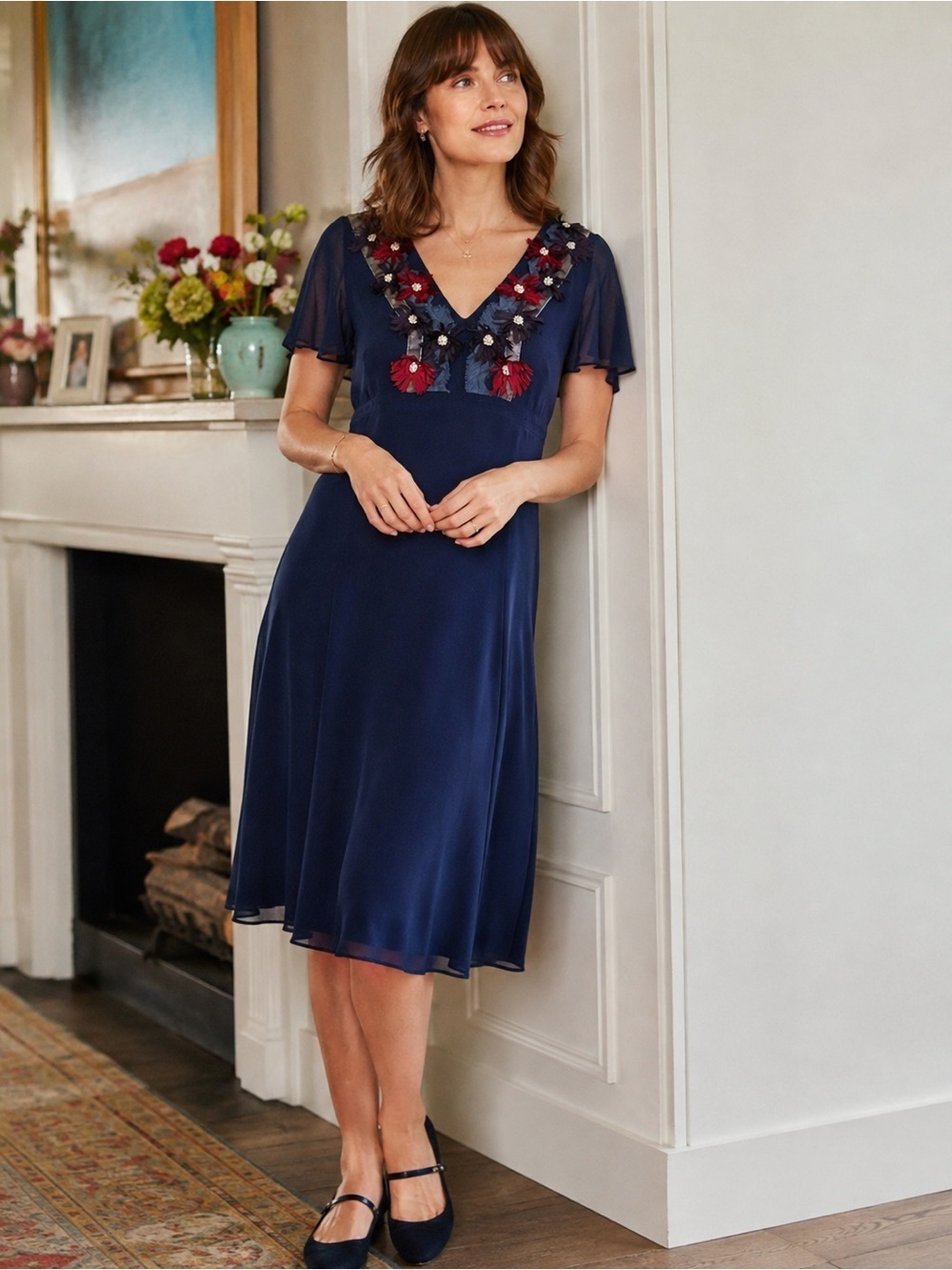 Boden Womens Limited Edition Silk Dress Sz 4 Navy Blue Floral Vneck Aline Sheath